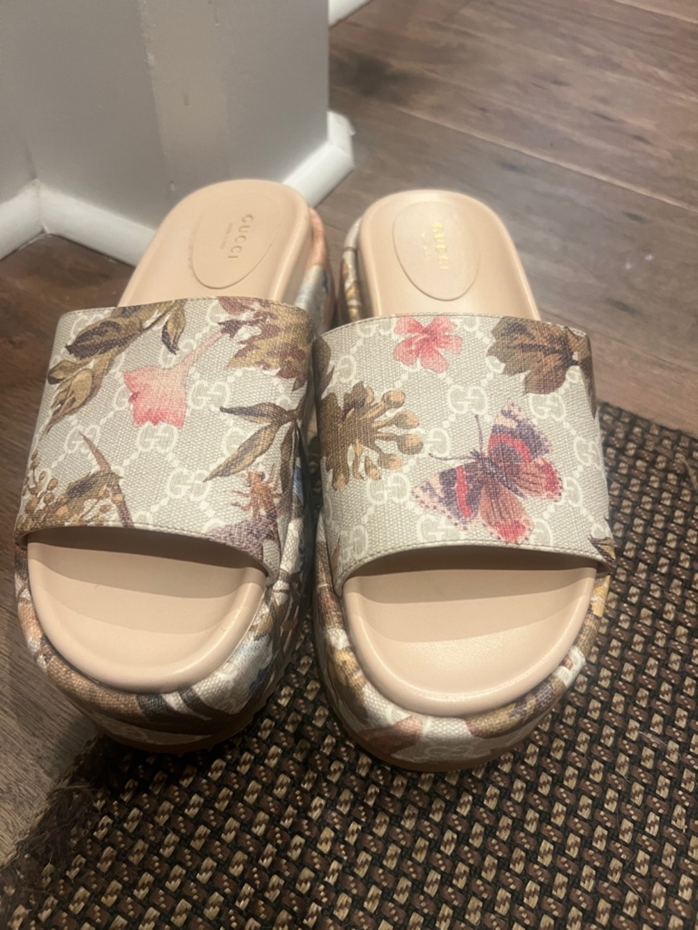 Gucci Floral Monogram Platform Slide Sandals - Pink, Green, Yellow